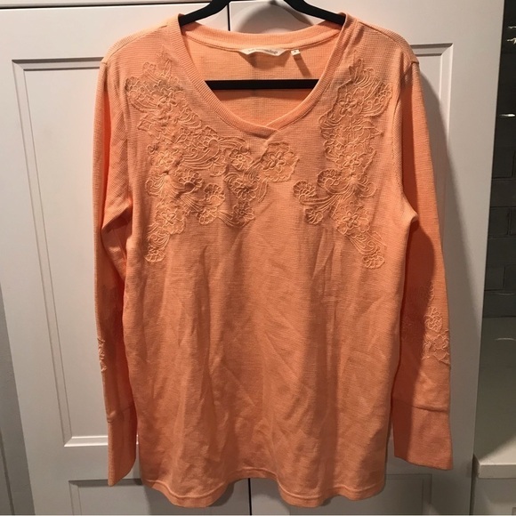 Soft Surroundings peach waffle knit lace top - Picture 1 of 9